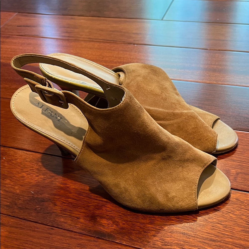 Alfani Tan Suede Peep-Toe Slingback Heels